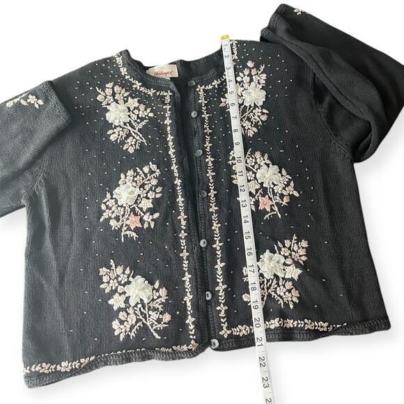 Worthington Black Floral Embroidered Beaded Knit Cardigan Grannycore Retro Sz M - Picture 8 of 10